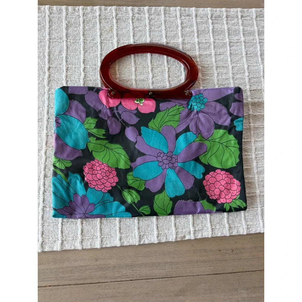 Vintage Ladys Pride Floral Handbag Lucite Amber Handle Mod Psychedelic 60s 70s
